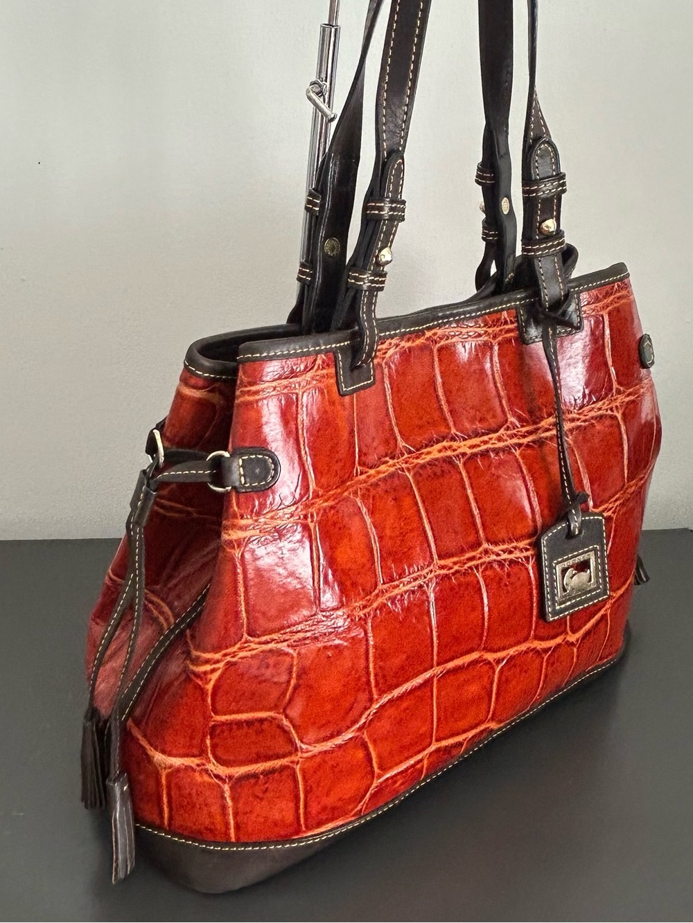 Dooney & Bourke Cognac Croc Embossed Leather Large Tote Shoulder Bag - Picture 6 of 15
